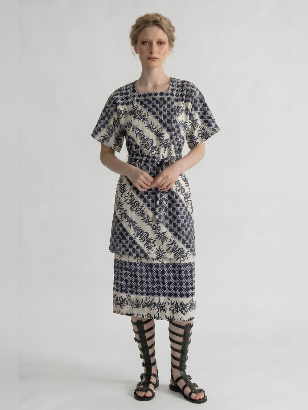 Handmade White Linen Black Geometric Floral Print Belted Midi Dress, Size 8